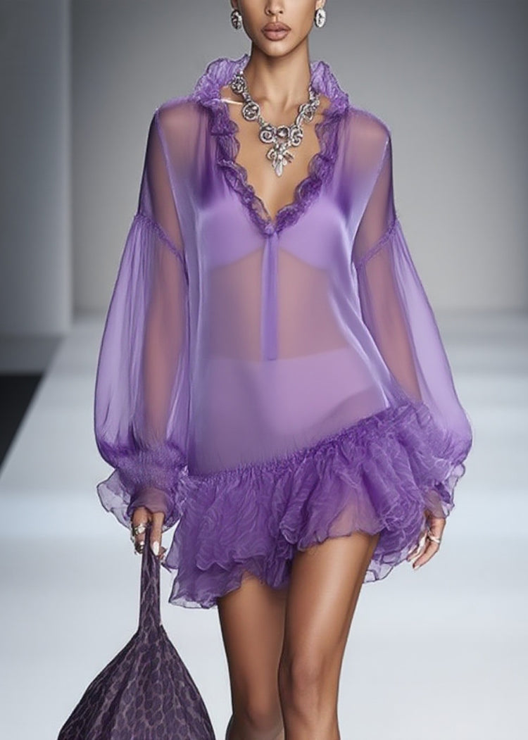Beautiful Purple Ruffled Solid Tulle Mid Dress Spring - Omychic