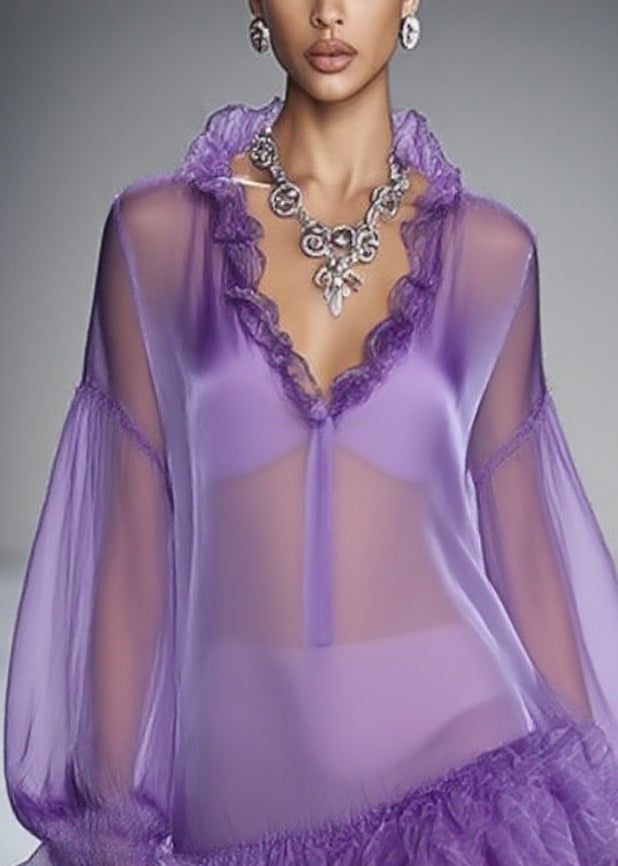 Beautiful Purple Ruffled Solid Tulle Mid Dress Spring - Omychic