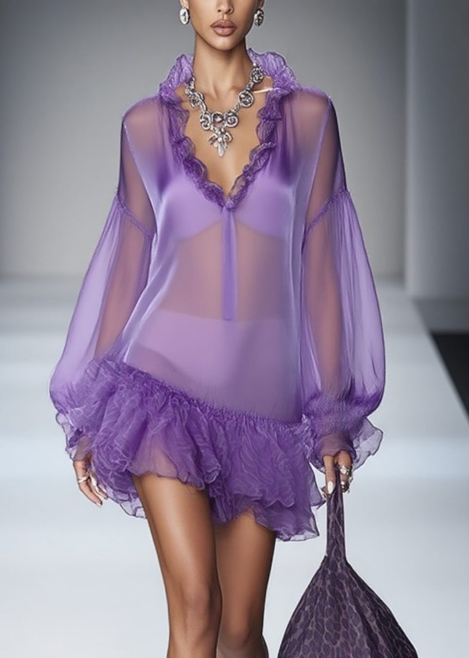 Beautiful Purple Ruffled Solid Tulle Mid Dress Spring - Omychic