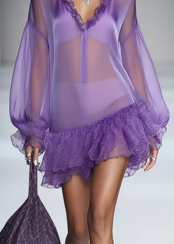 Beautiful Purple Ruffled Solid Tulle Mid Dress Spring - Omychic