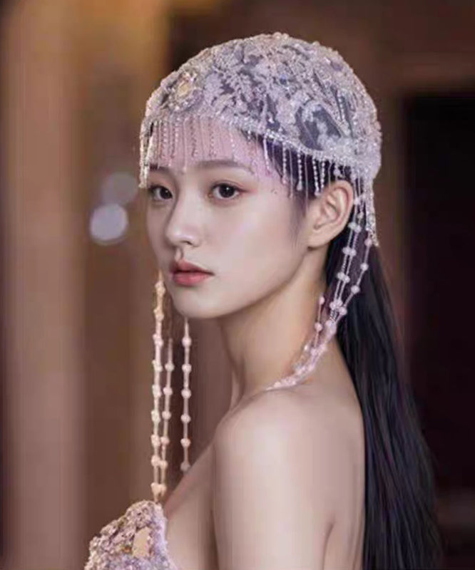 Beautiful Purple Tulle Zircon Hollow Out Beading Tassel Hair Accessory