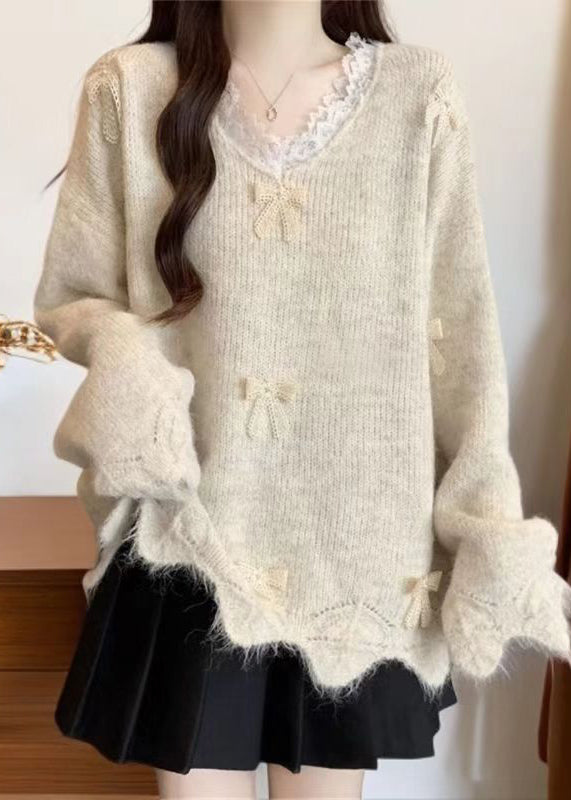 Beautiful Purple V Neck Lace Bow Knit Sweater Tops Winter