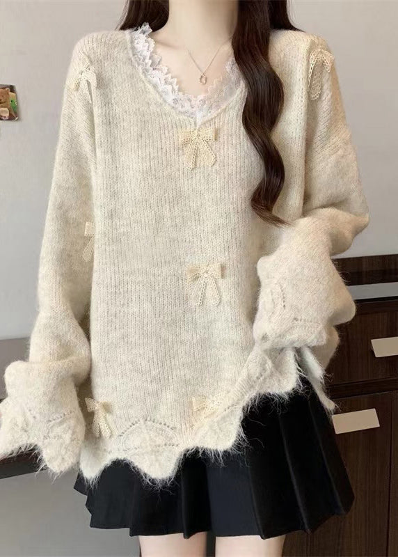 Beautiful Purple V Neck Lace Bow Knit Sweater Tops Winter