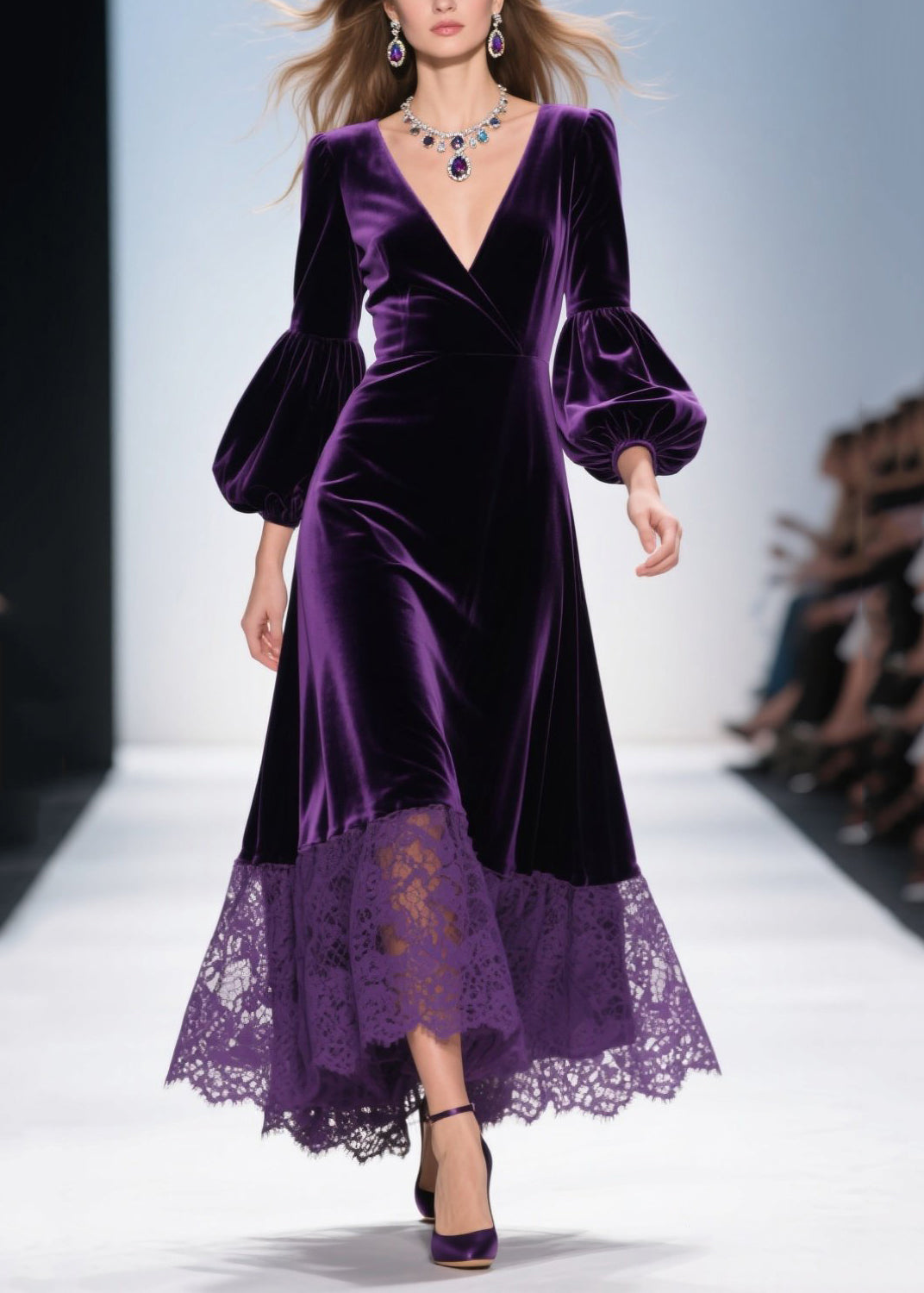 Beautiful Purple V Neck Lace Patchwork Velvet Dress Fall