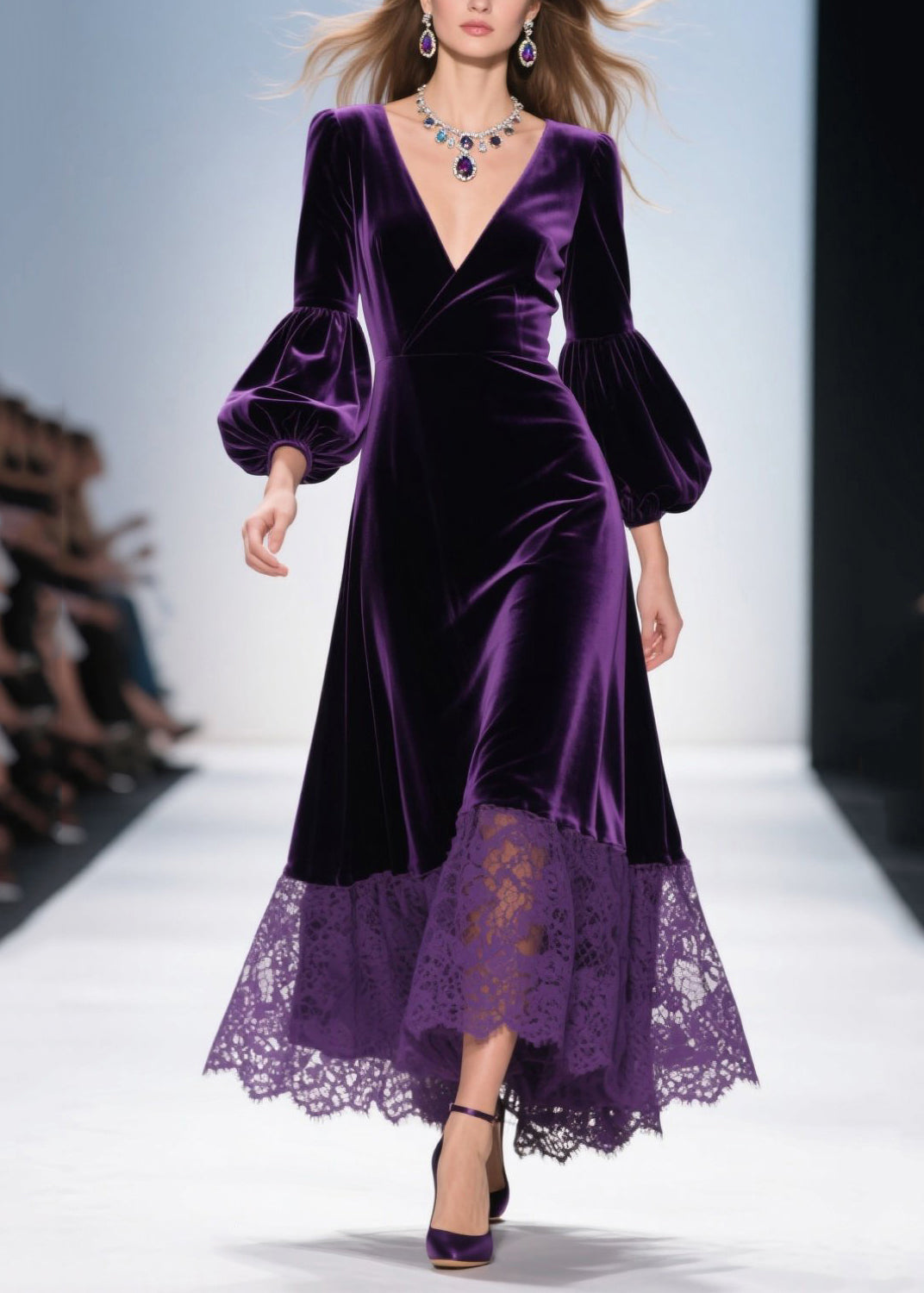 Beautiful Purple V Neck Lace Patchwork Velvet Dress Fall