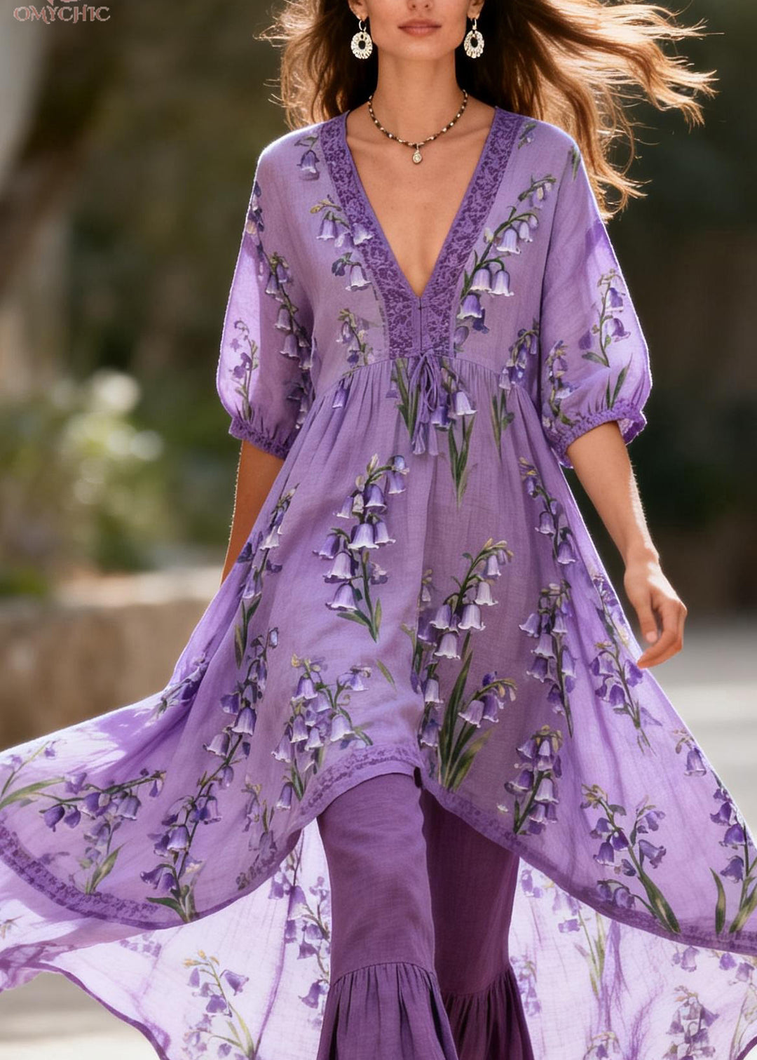 Beautiful Purple V Neck Print Patchwork Cotton Two Pieces Set Summer