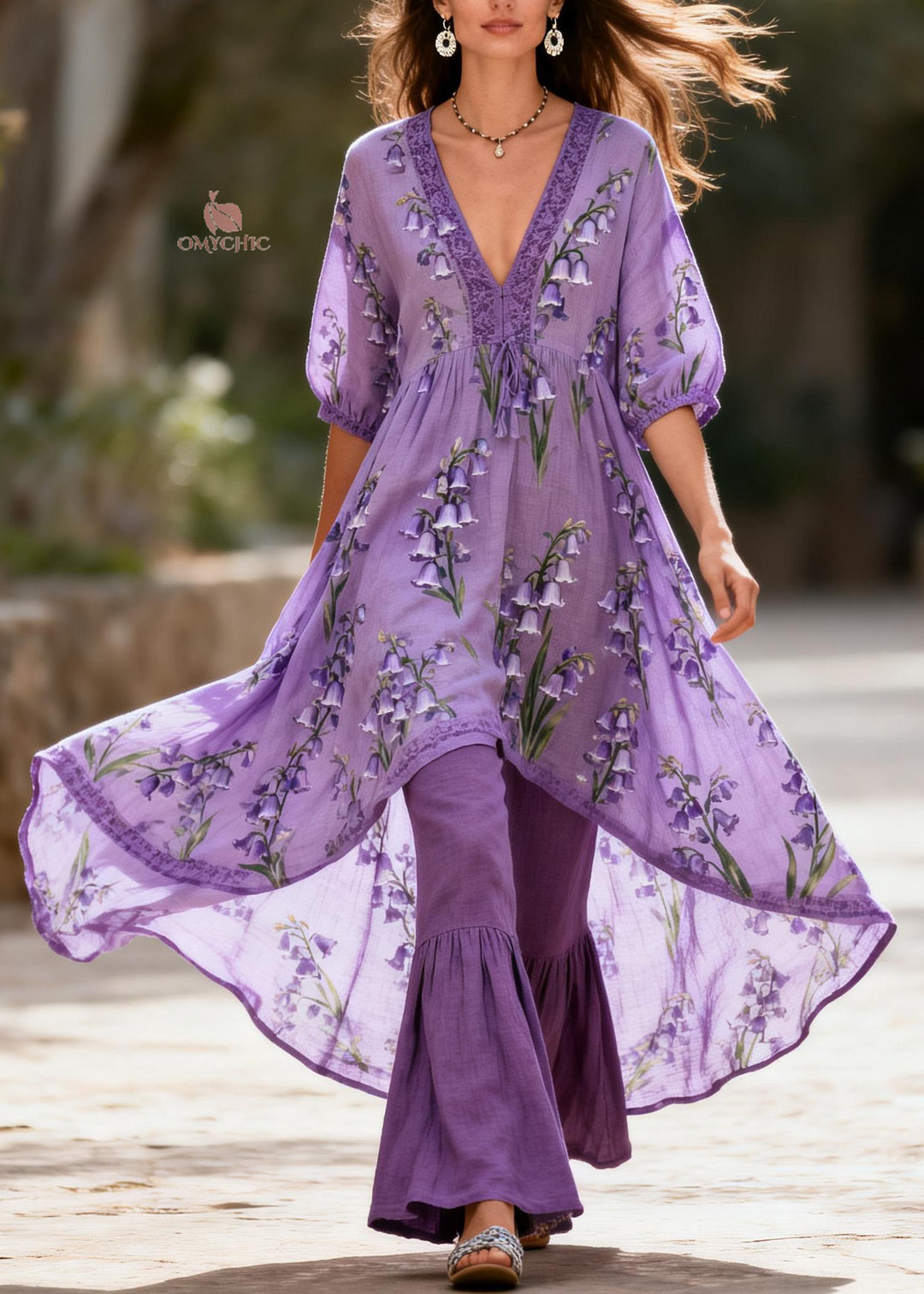 Beautiful Purple V Neck Print Patchwork Cotton Two Pieces Set Summer