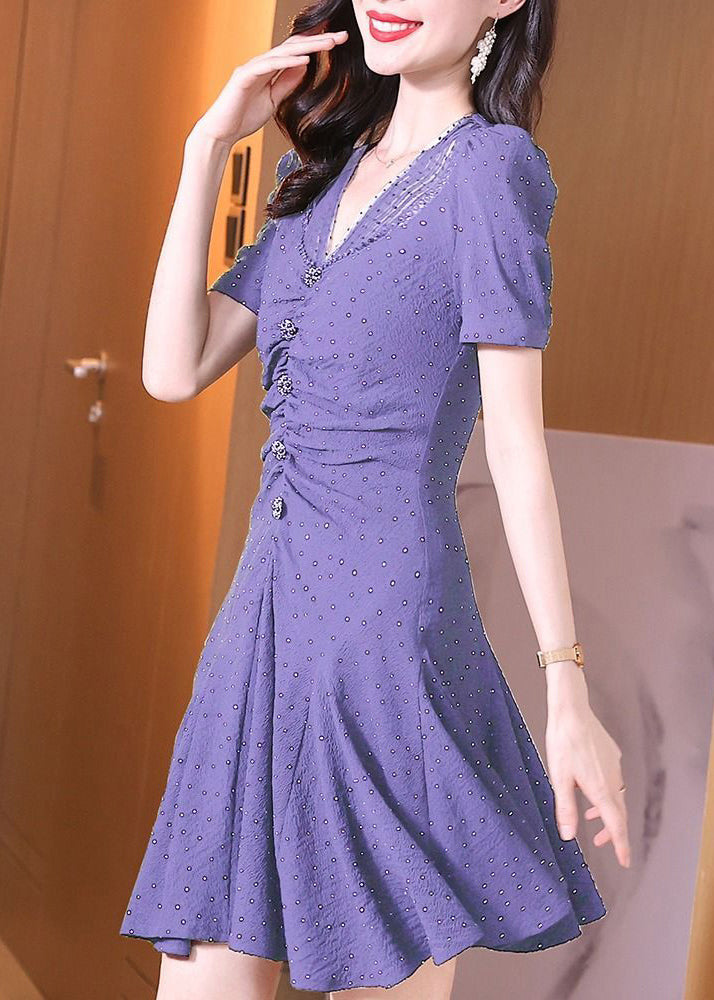 Beautiful Purple V Neck Ruffled Chiffon Dress Summer