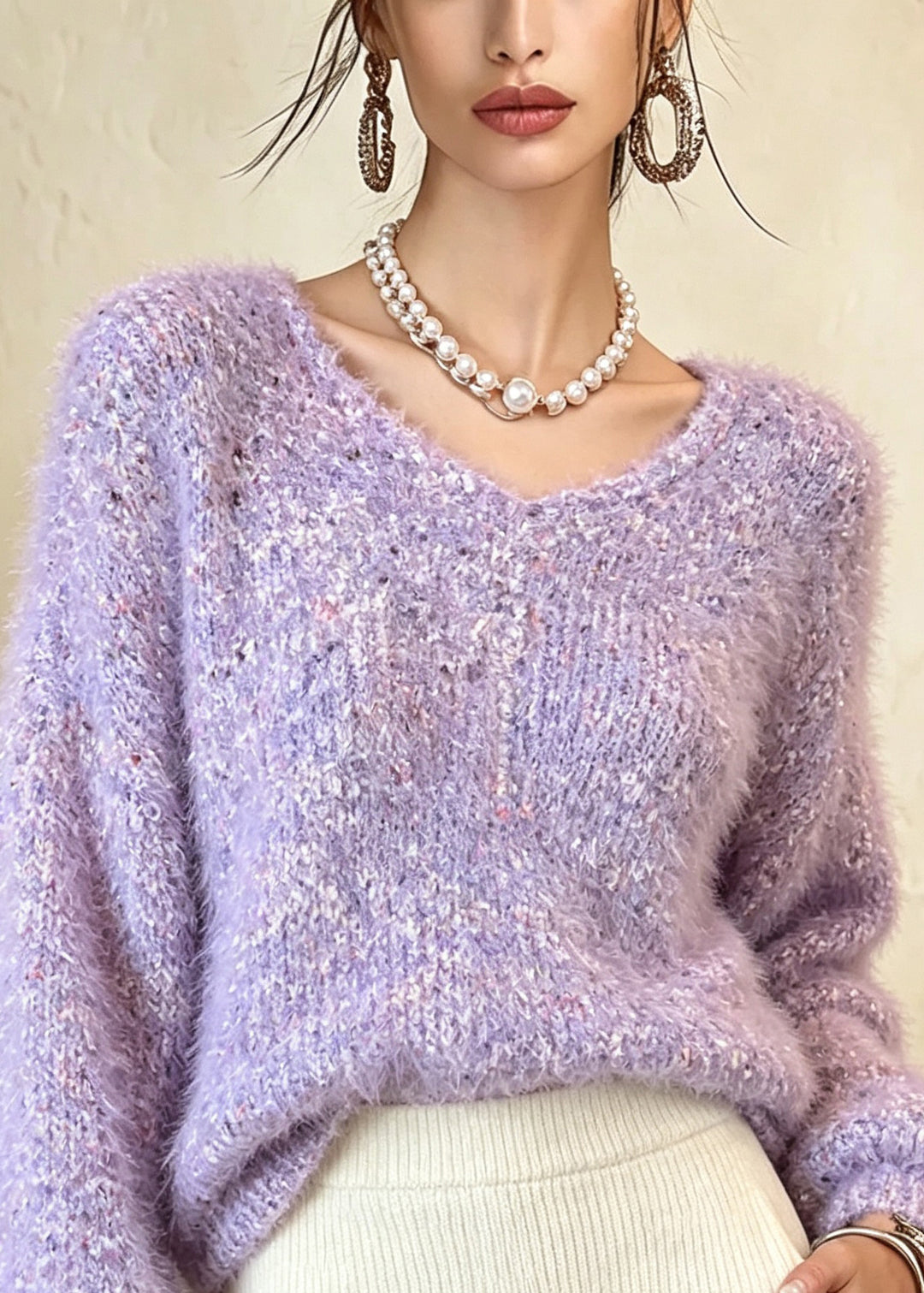 Beautiful Purple V Neck Thick Patchwork Knit Sweaters Fall