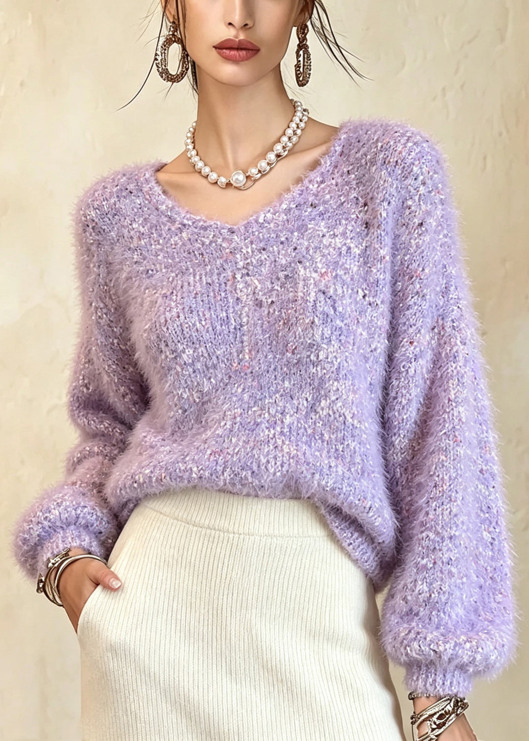 Beautiful Purple V Neck Thick Patchwork Knit Sweaters Fall