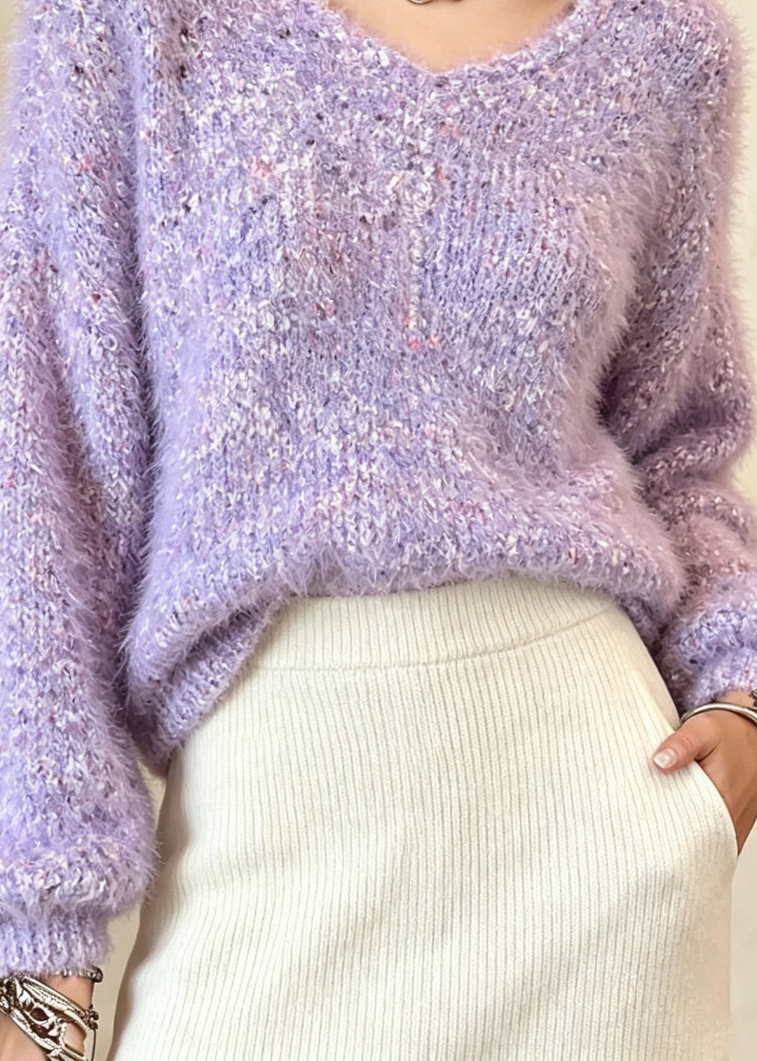 Beautiful Purple V Neck Thick Patchwork Knit Sweaters Fall
