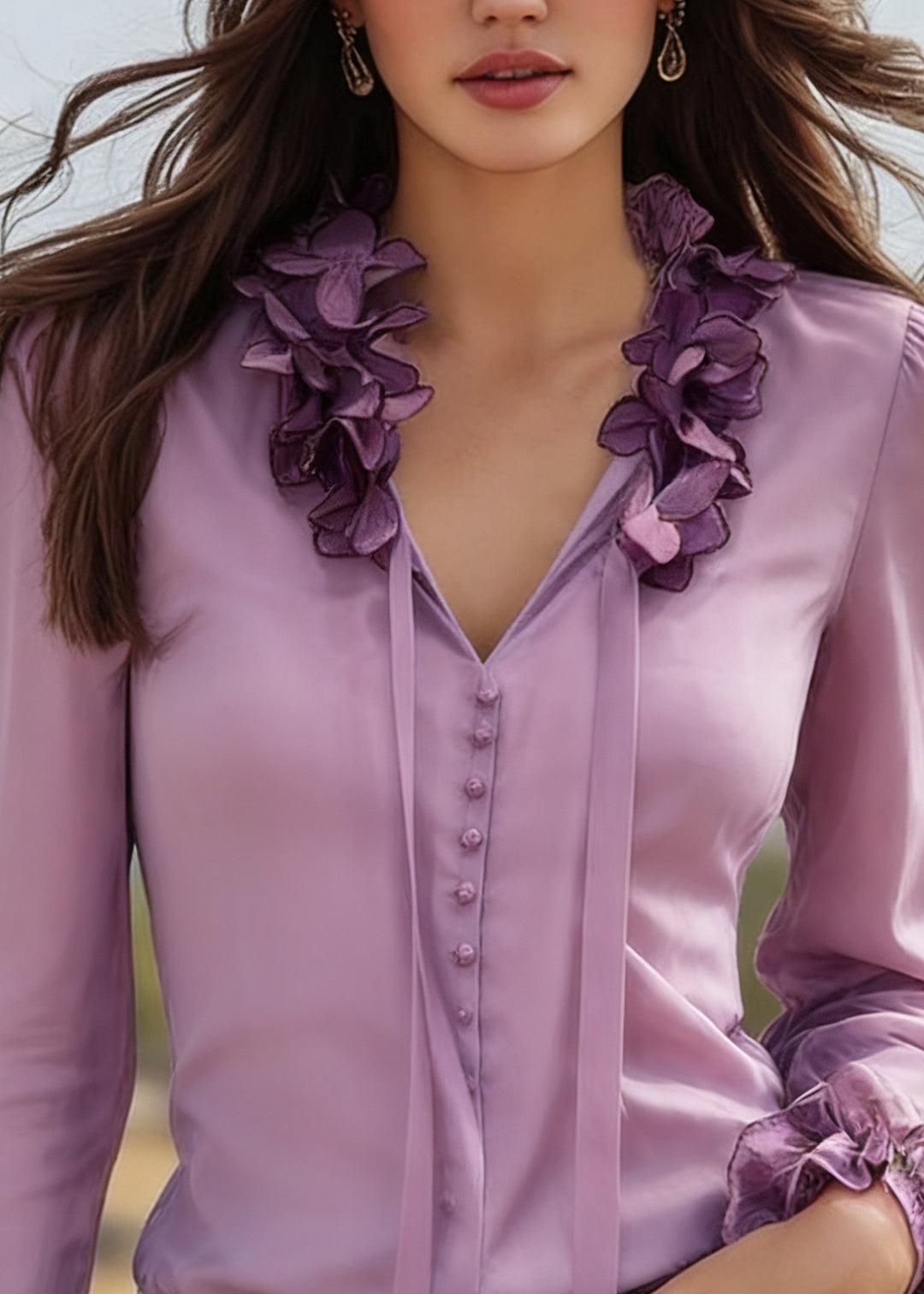 Beautiful Purple V Neck Tie Lace Solid Silk Top Spring - Omychic