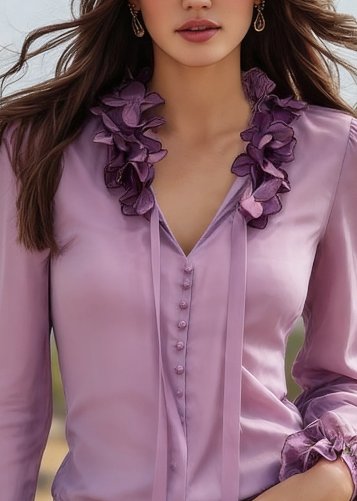 Beautiful Purple V Neck Tie Lace Solid Silk Top Spring - Omychic