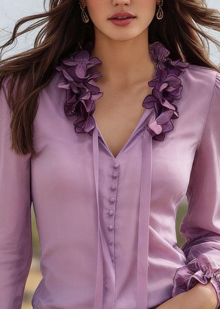 Beautiful Purple V Neck Tie Lace Solid Silk Top Spring - Omychic