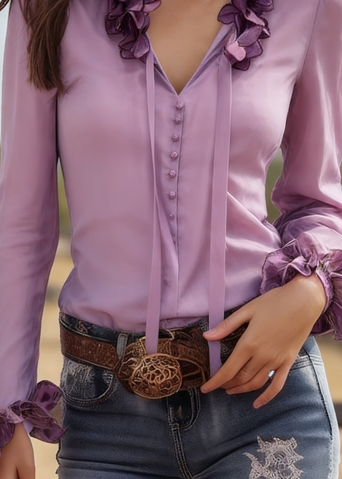 Beautiful Purple V Neck Tie Lace Solid Silk Top Spring - Omychic