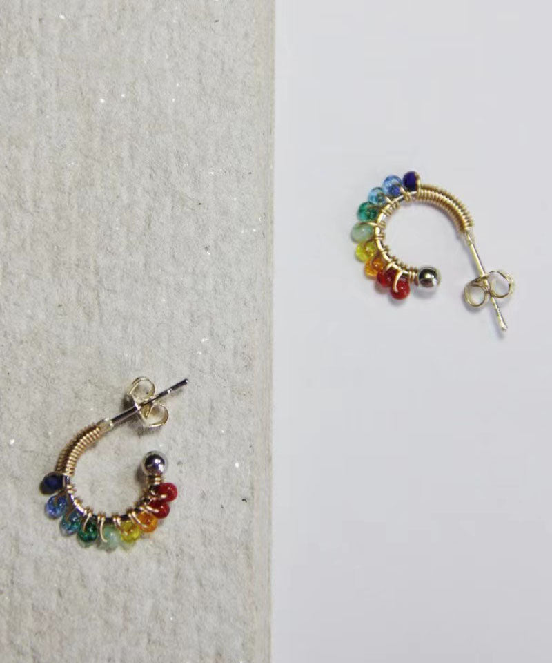 Beautiful Rainbow Alloy Glass Bead Hoop Earrings