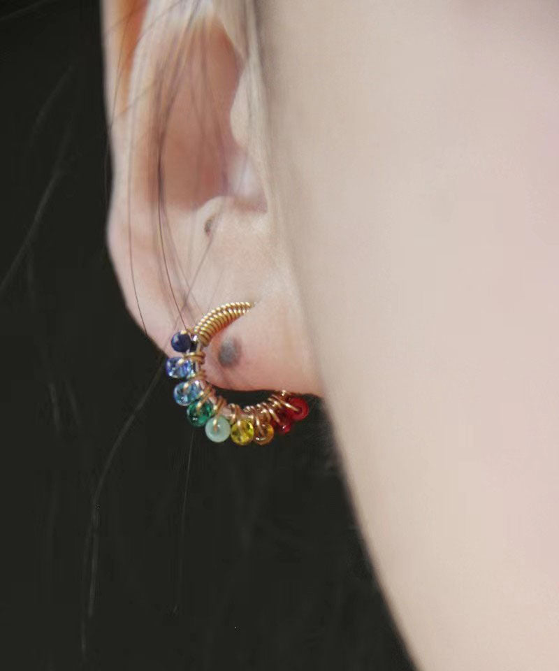 Beautiful Rainbow Alloy Glass Bead Hoop Earrings