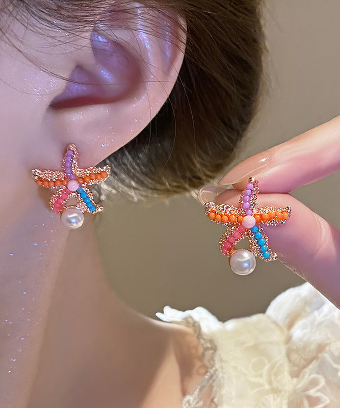 Beautiful Rainbow Alloy Pearl Starfish Stud Earrings