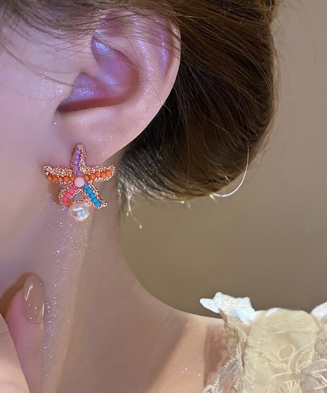 Beautiful Rainbow Alloy Pearl Starfish Stud Earrings