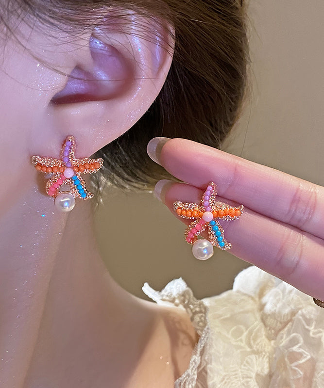 Beautiful Rainbow Alloy Pearl Starfish Stud Earrings