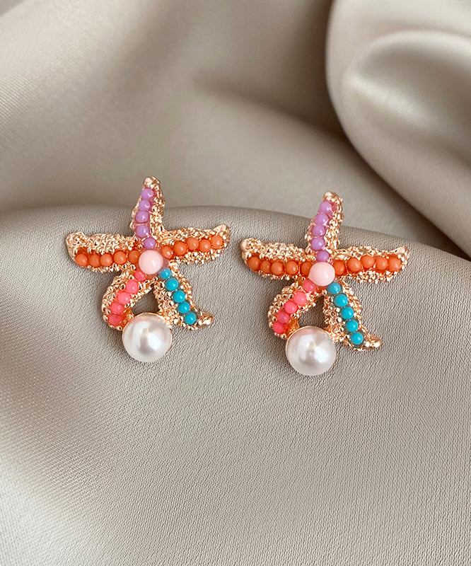 Beautiful Rainbow Alloy Pearl Starfish Stud Earrings