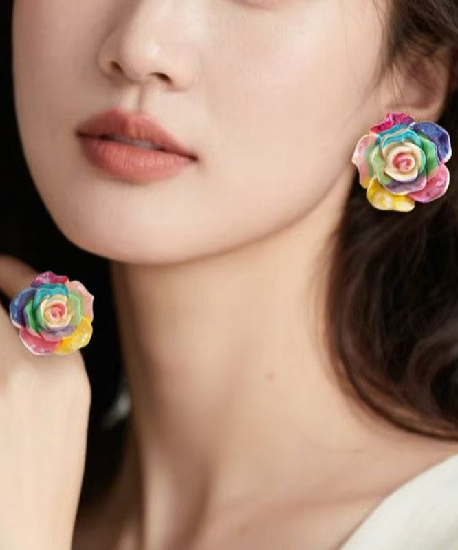 Beautiful Rainbow Alloy Resin Rose Stud Earrings