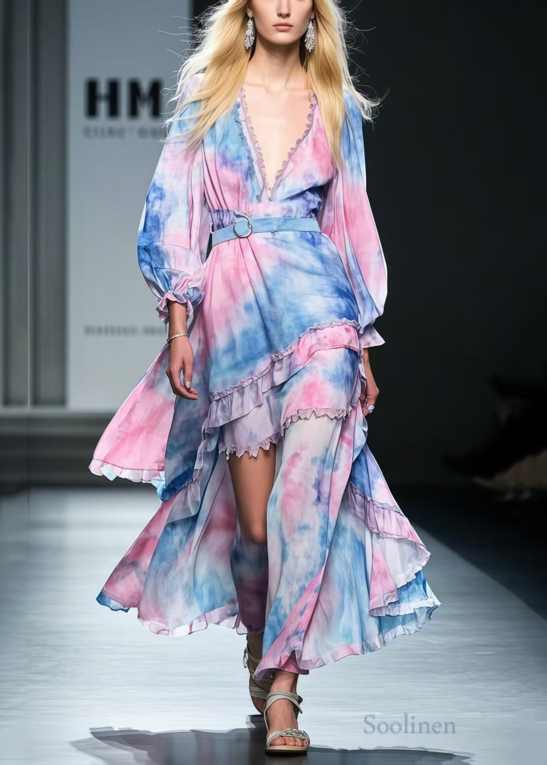 Beautiful Rainbow Asymmetrical Tie Dye Chiffon Tunic Dress Spring