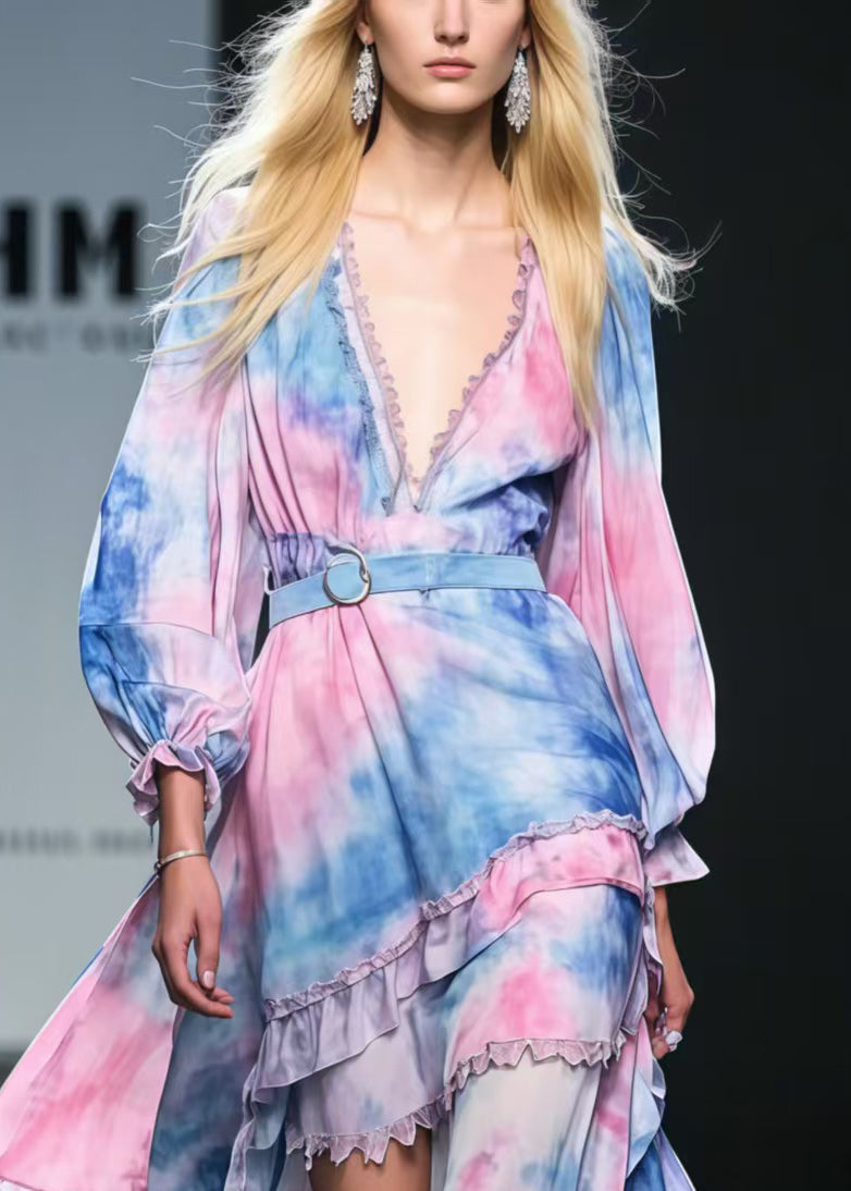 Beautiful Rainbow Asymmetrical Tie Dye Chiffon Tunic Dress Spring
