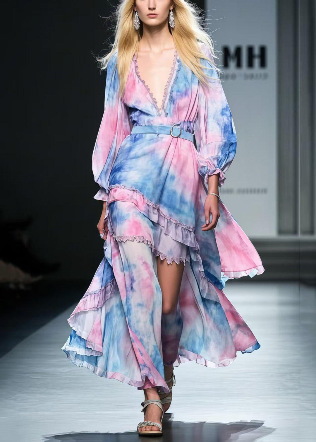 Beautiful Rainbow Asymmetrical Tie Dye Chiffon Tunic Dress Spring