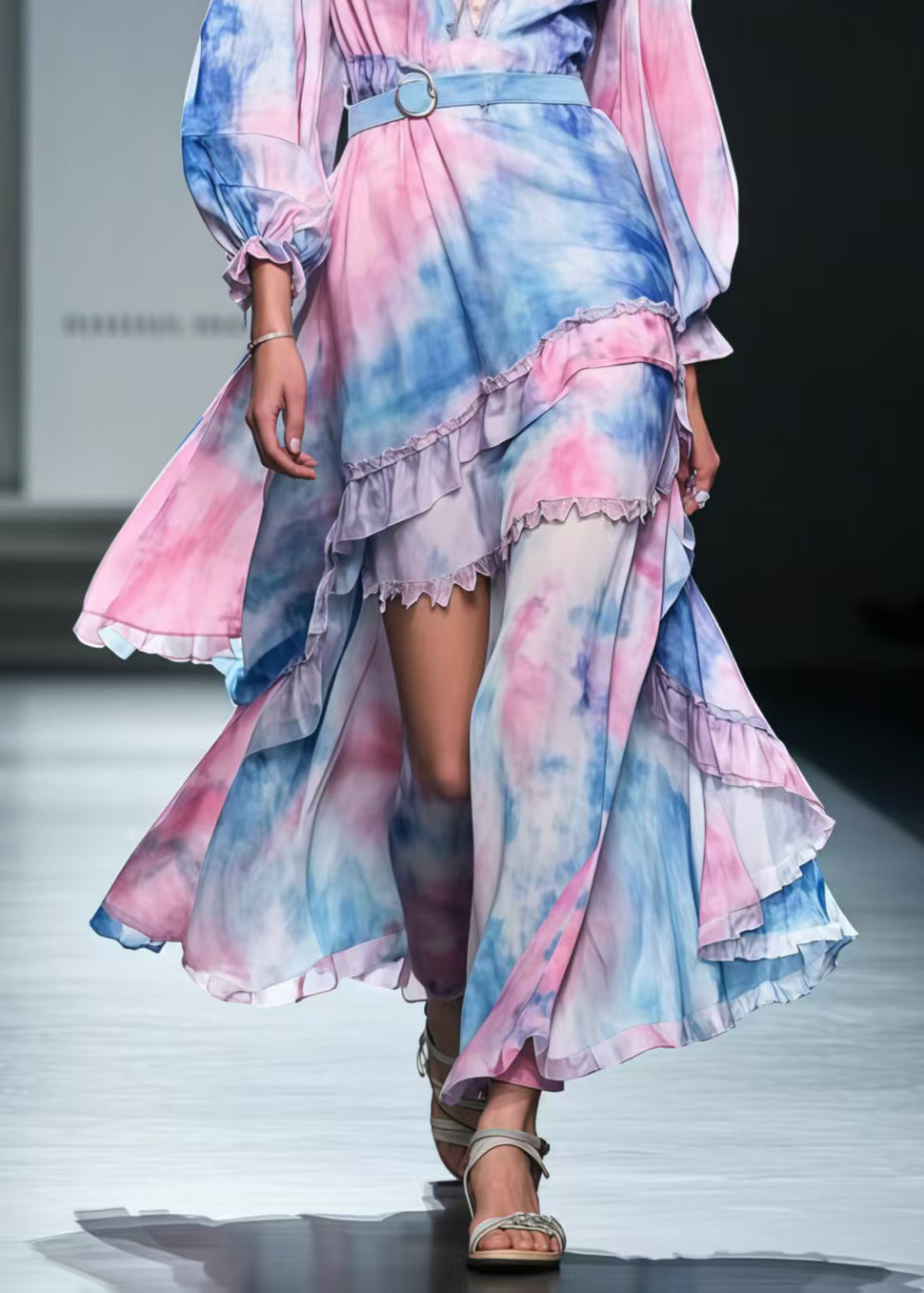 Beautiful Rainbow Asymmetrical Tie Dye Chiffon Tunic Dress Spring