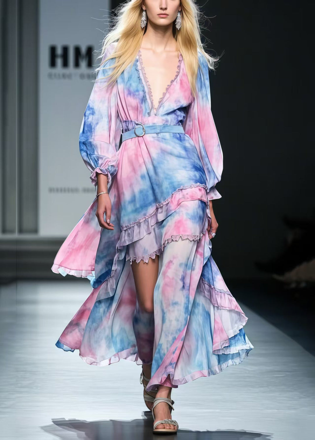 Beautiful Rainbow Asymmetrical Tie Dye Chiffon Tunic Dress Spring
