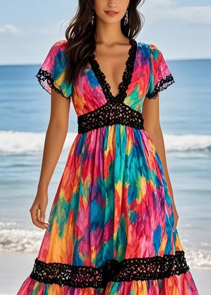 Beautiful Rainbow Cinched Patchwork Chiffon Vacation Dresses Summer