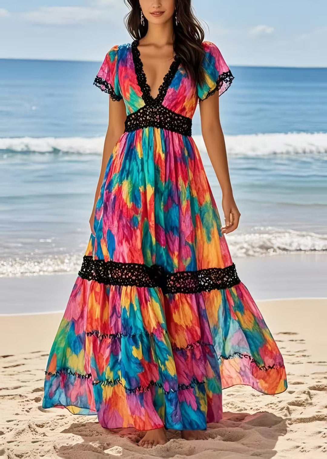 Beautiful Rainbow Cinched Patchwork Chiffon Vacation Dresses Summer