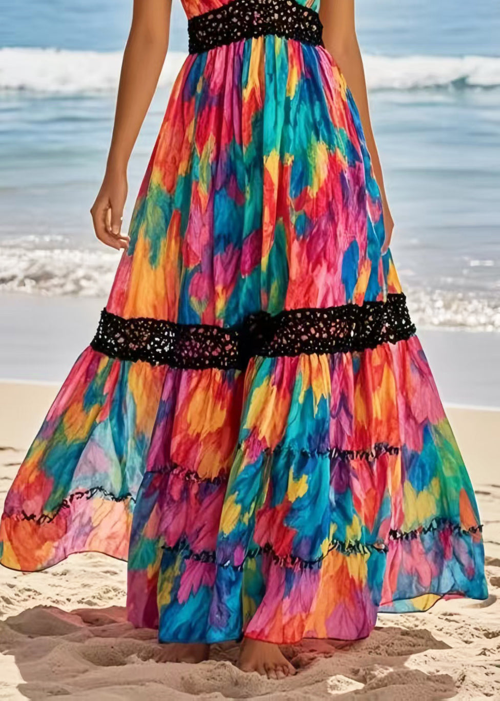 Beautiful Rainbow Cinched Patchwork Chiffon Vacation Dresses Summer