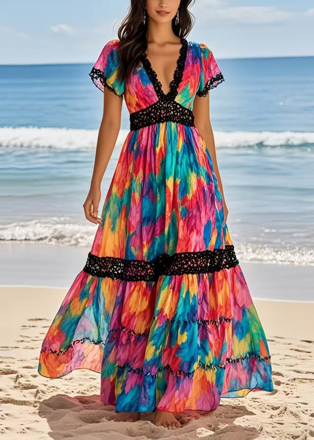 Beautiful Rainbow Cinched Patchwork Chiffon Vacation Dresses Summer