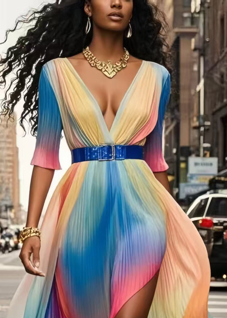 Beautiful Rainbow Cinched Tie Dye Silk Pleated Dresses Summer
