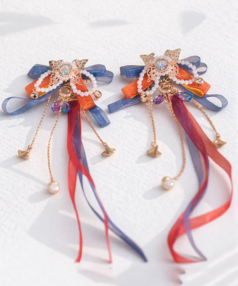 Beautiful Rainbow Copper Alloy Tulle Beading Bow Ribbon A Pair Girls Hairpin