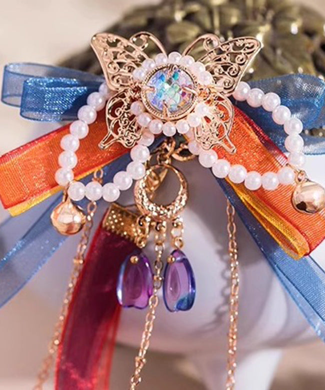Beautiful Rainbow Copper Alloy Tulle Beading Bow Ribbon A Pair Girls Hairpin