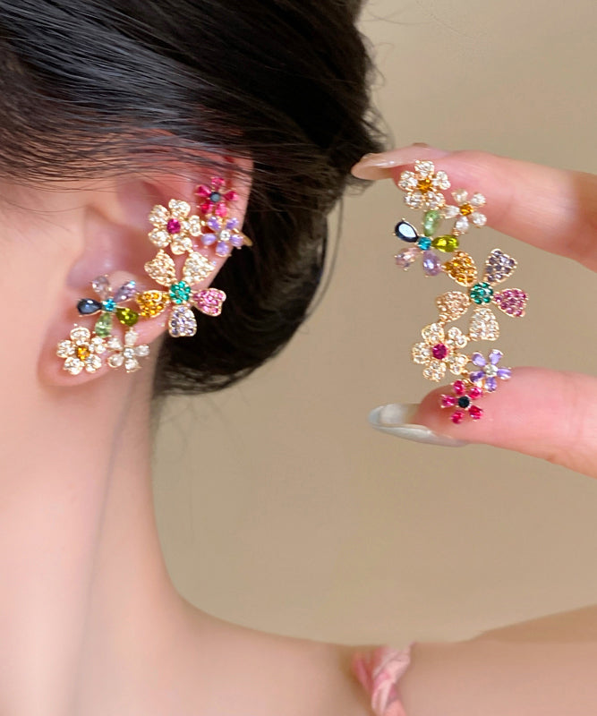Beautiful Rainbow Copper Alloy Zircon Crystal Floral Stud Earrings