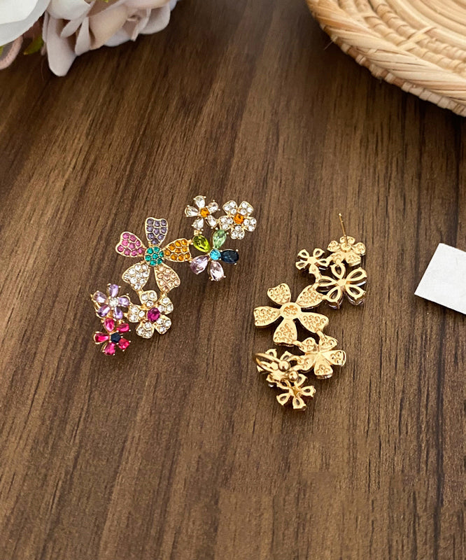 Beautiful Rainbow Copper Alloy Zircon Crystal Floral Stud Earrings