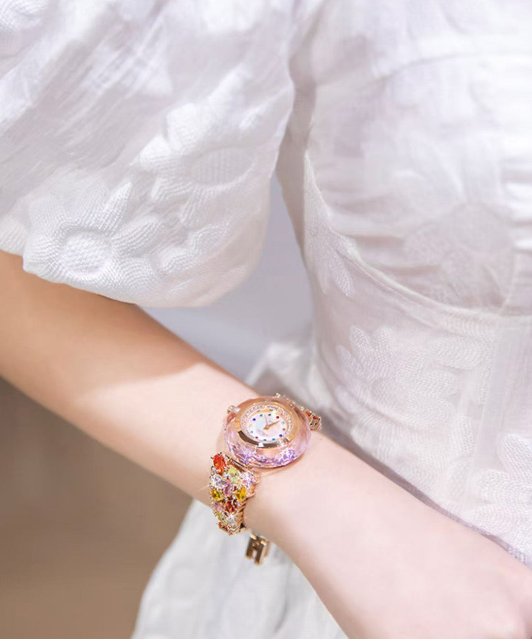 Beautiful Rainbow Copper Zircon Crystal Tempered Glass Quartz Movement Watch