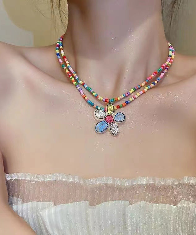 Beautiful Rainbow Floral Alloy Floral Double Layer Beading Pendant Necklace