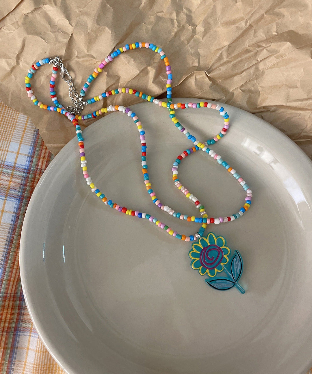Beautiful Rainbow Floral Alloy Floral Double Layer Beading Pendant Necklace