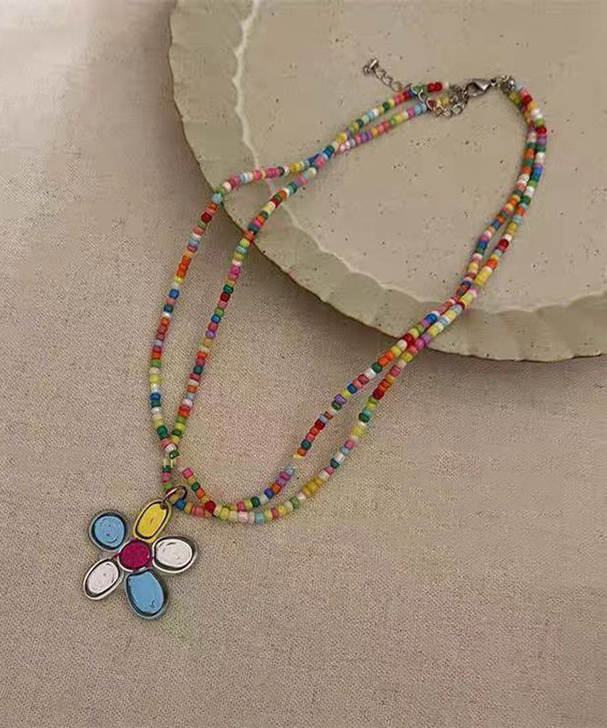 Beautiful Rainbow Floral Alloy Floral Double Layer Beading Pendant Necklace