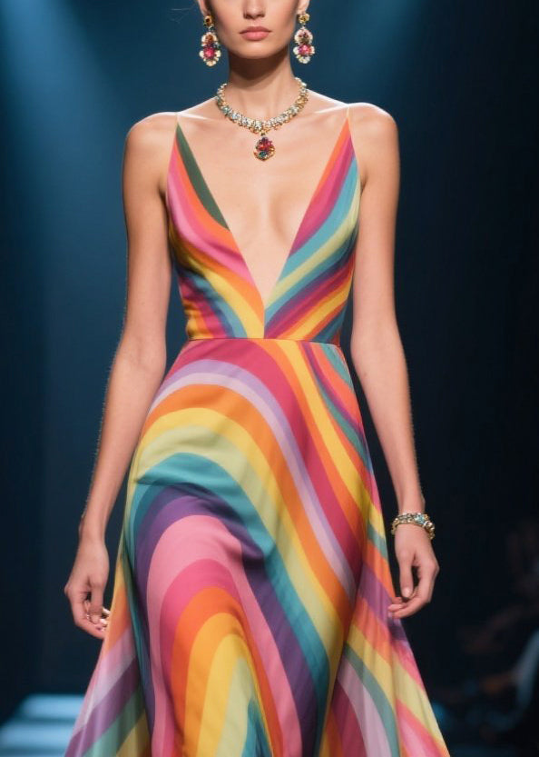 Beautiful Rainbow Floral Decorated Silk Vestidos Dress Summer
