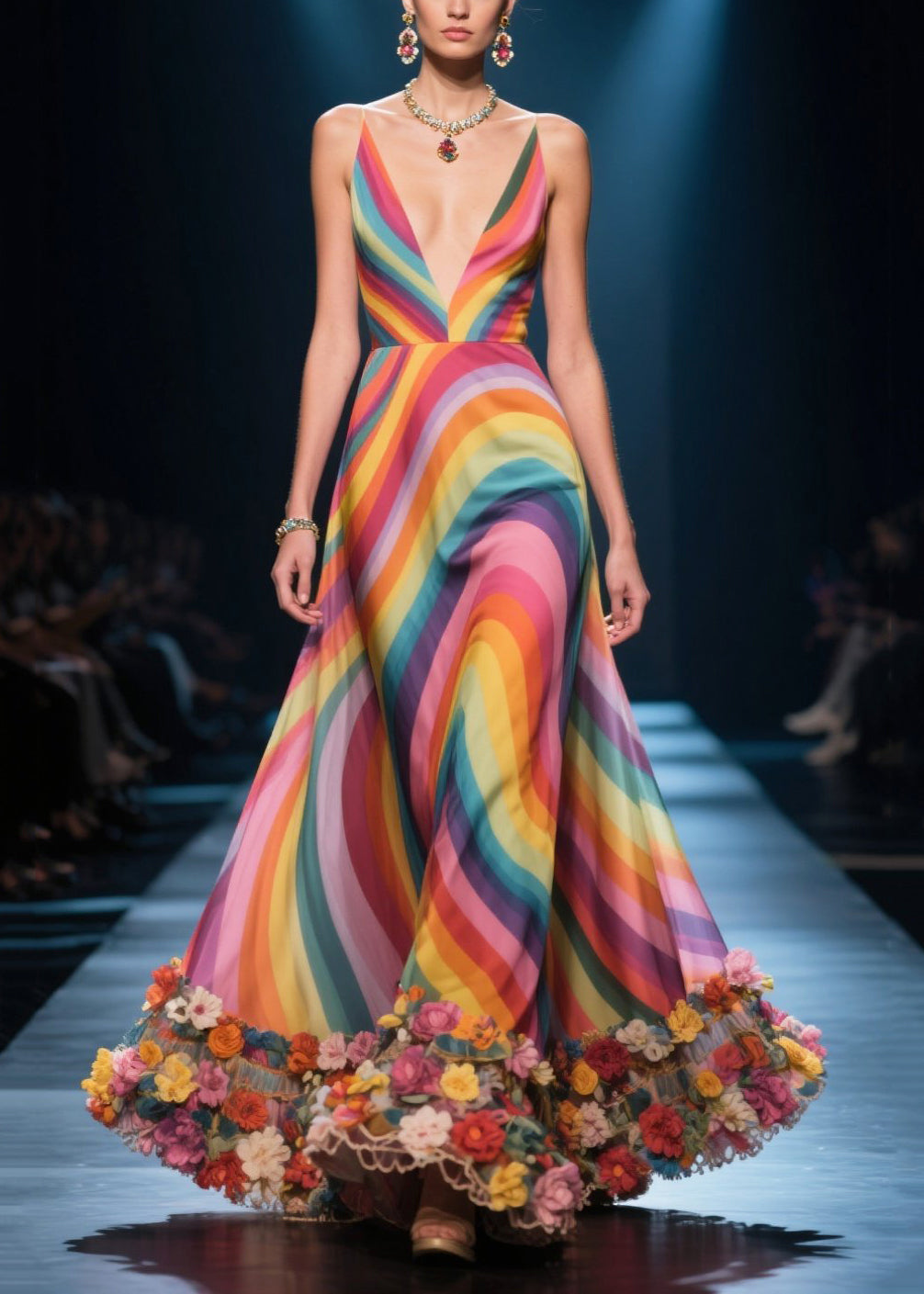 Beautiful Rainbow Floral Decorated Silk Vestidos Dress Summer
