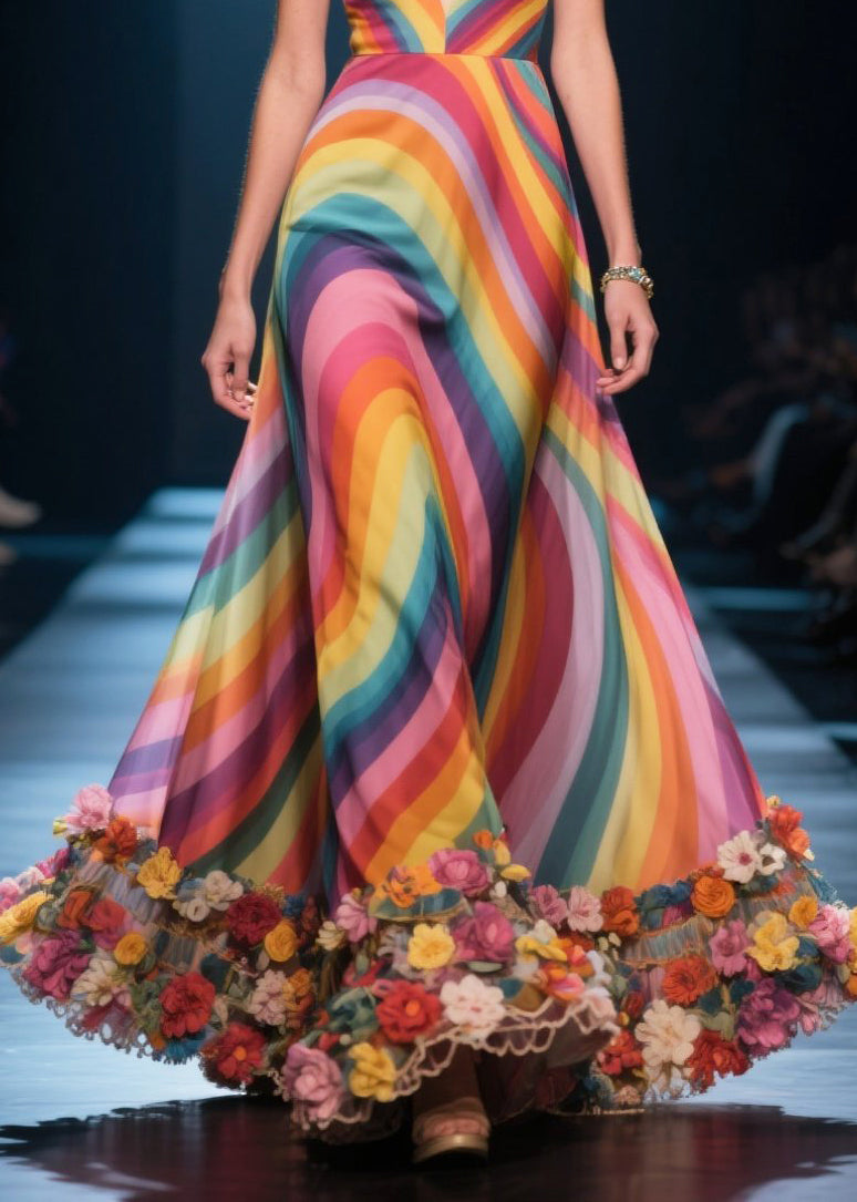 Beautiful Rainbow Floral Decorated Silk Vestidos Dress Summer