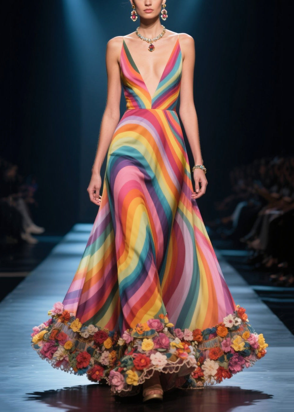 Beautiful Rainbow Floral Decorated Silk Vestidos Dress Summer