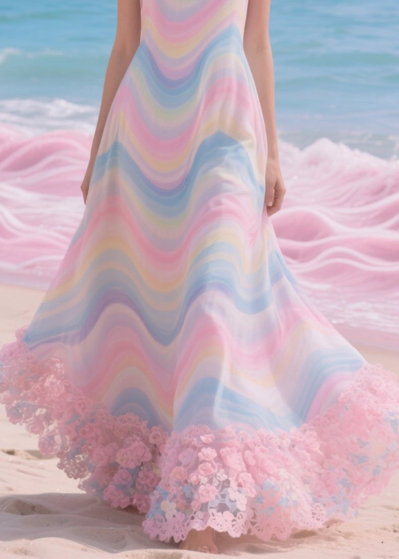 Beautiful Rainbow Patchwork Flower Lace Chiffon Beach Dress Summer