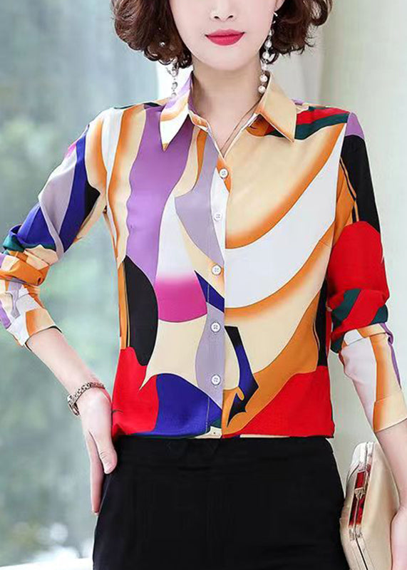 Beautiful Rainbow Peter Pan Collar Print Chiffon Shirt Spring